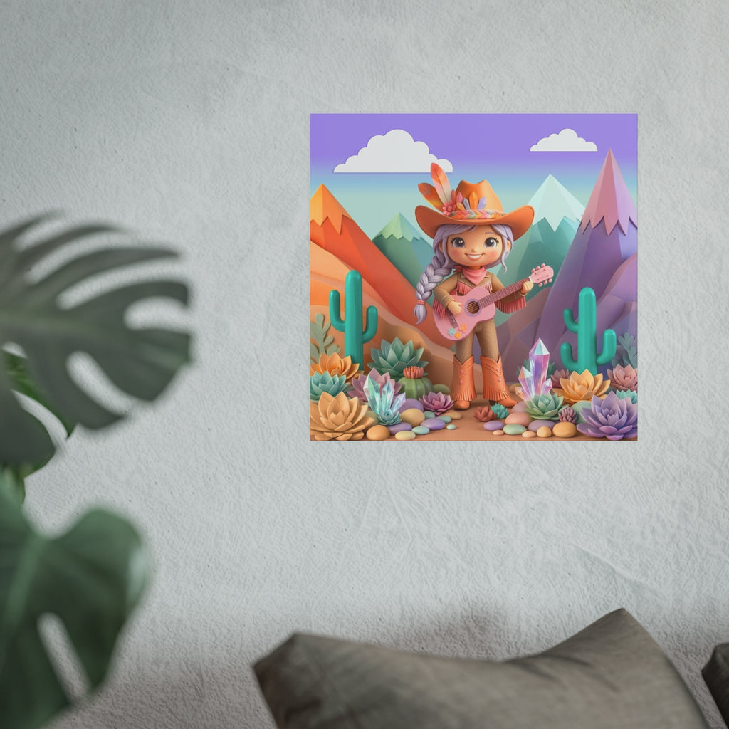 Cowgirl with Guitar Art Poster — Cute Southwestern Wall Art