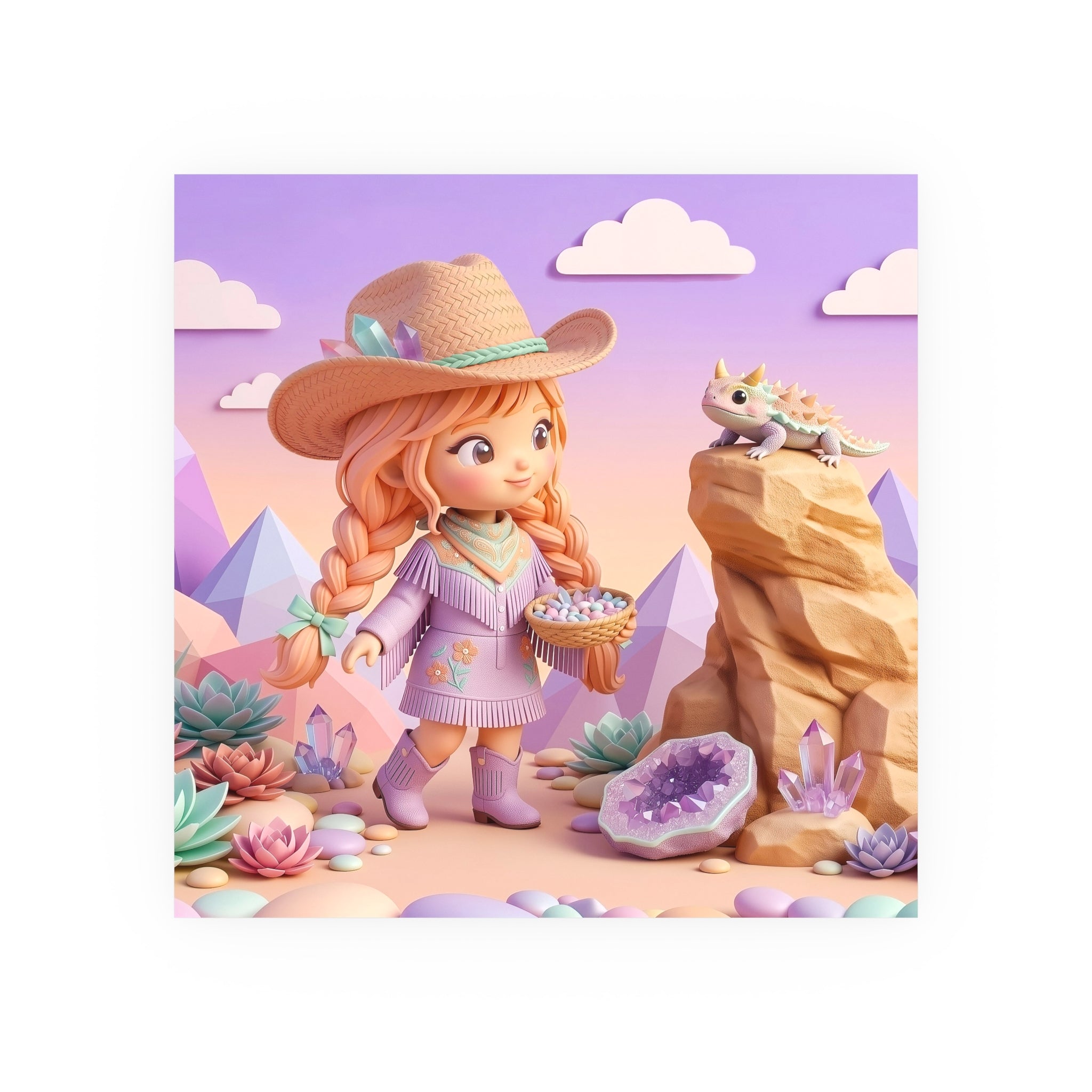 Whimsical Desert Girl & Lizard Art Poster