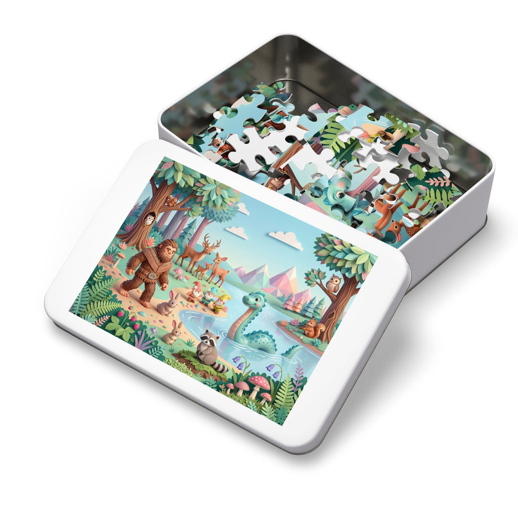 Magical Lakeside Adventure Puzzle with Tin – Cute Bigfoot & Nessie