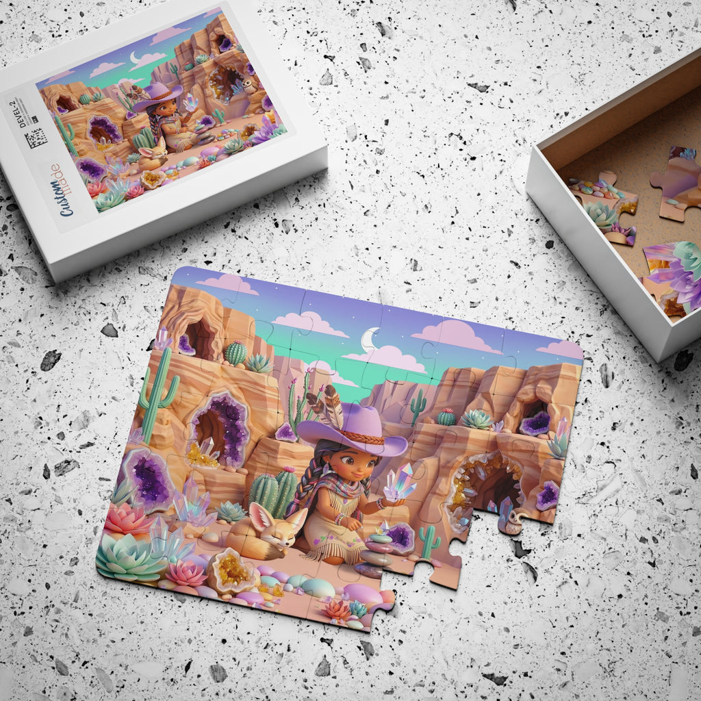 Desert Gem Explorer Kids Puzzle — 30-Piece Jigsaw with Cute Cowgirl and Crystals