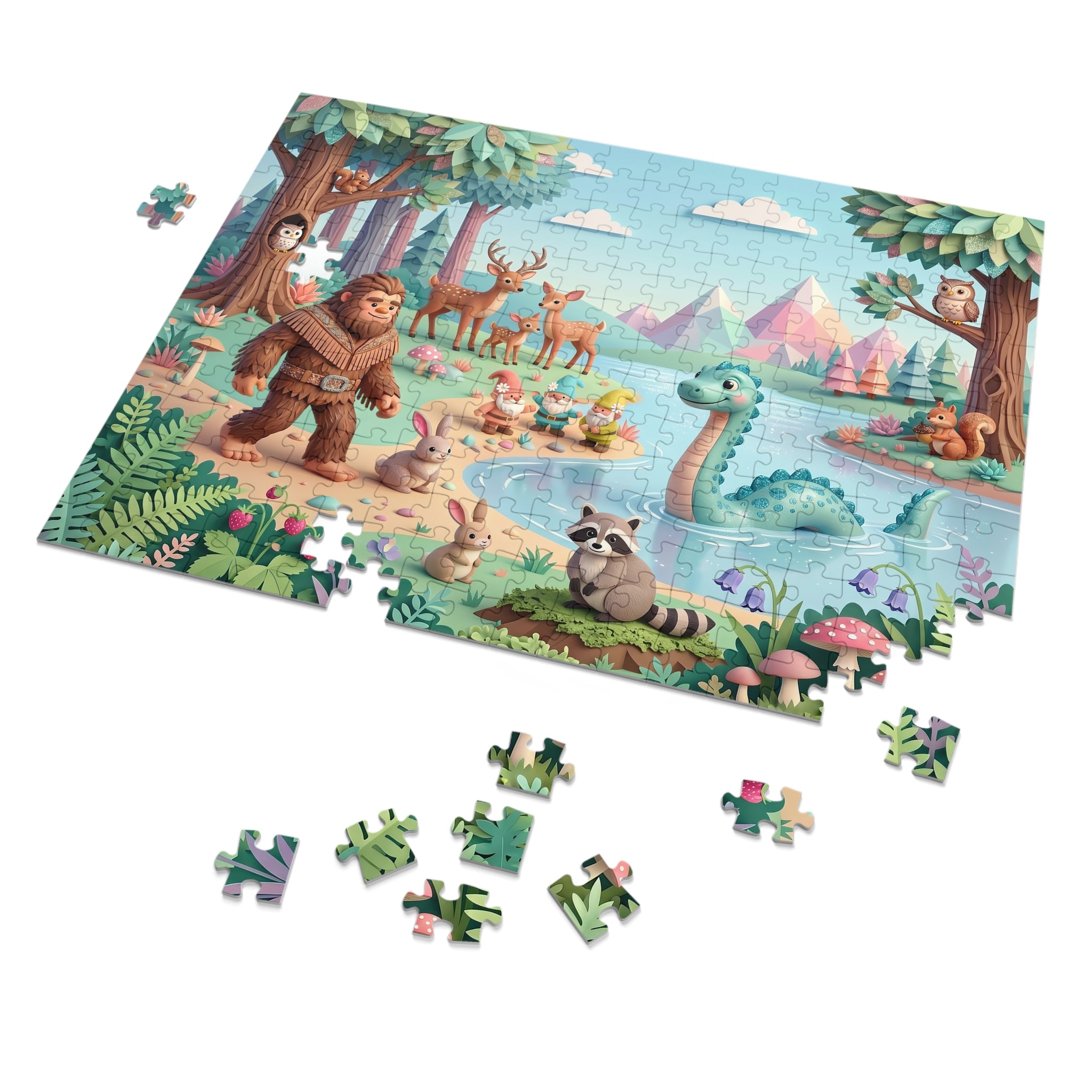 Magical Lakeside Adventure Puzzle with Tin – Cute Bigfoot & Nessie