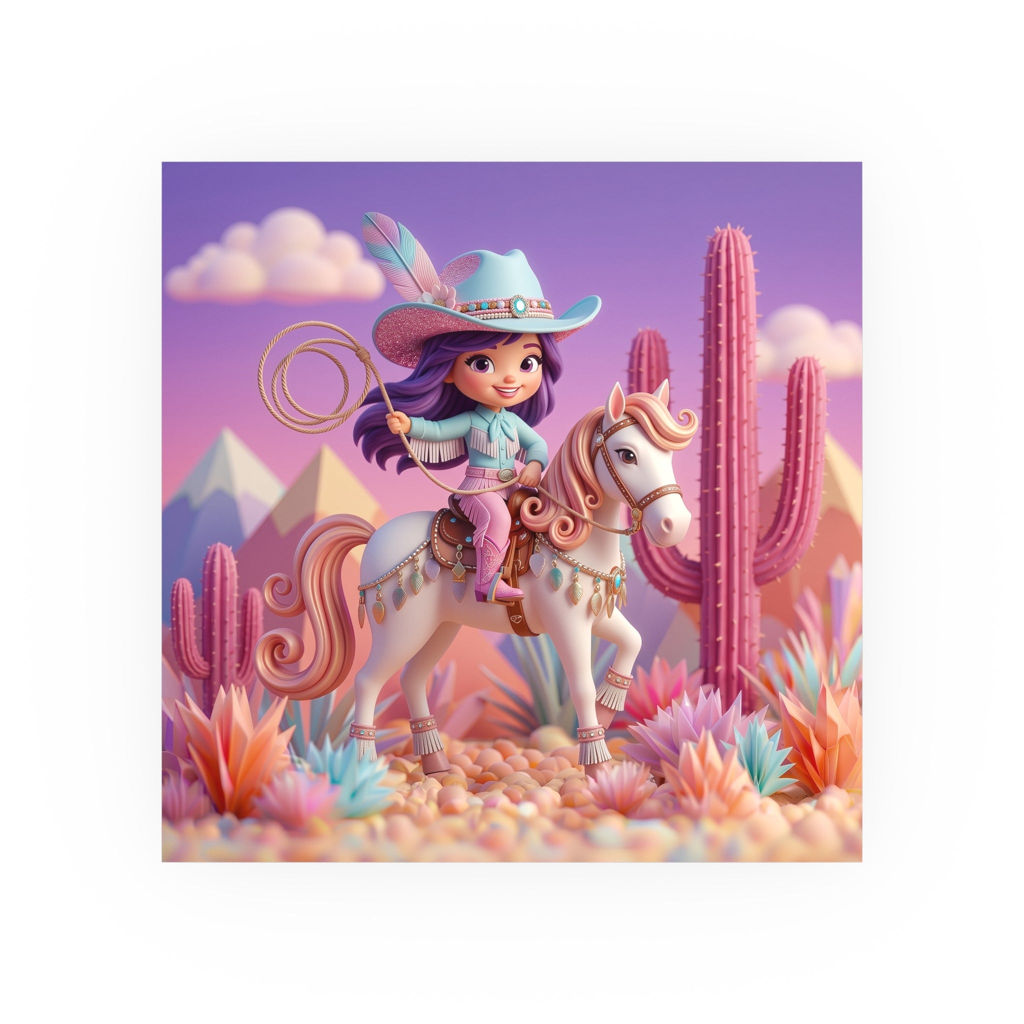 Cute Cowgirl Poster — Pastel Desert Girl on Horse Satin/Matte Prints