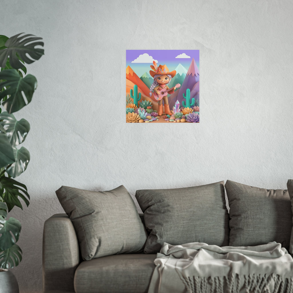 Cowgirl with Guitar Art Poster — Cute Southwestern Wall Art