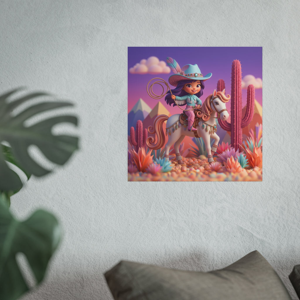 Cute Cowgirl Poster — Pastel Desert Girl on Horse Satin/Matte Prints