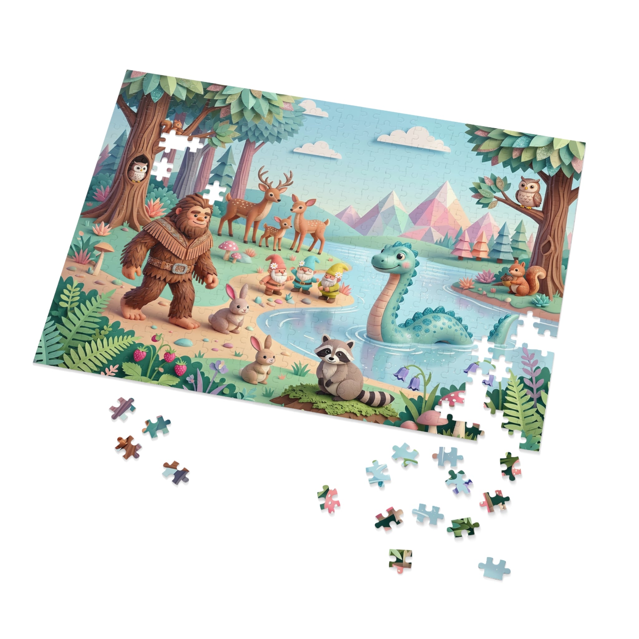 Magical Lakeside Adventure Puzzle with Tin – Cute Bigfoot & Nessie