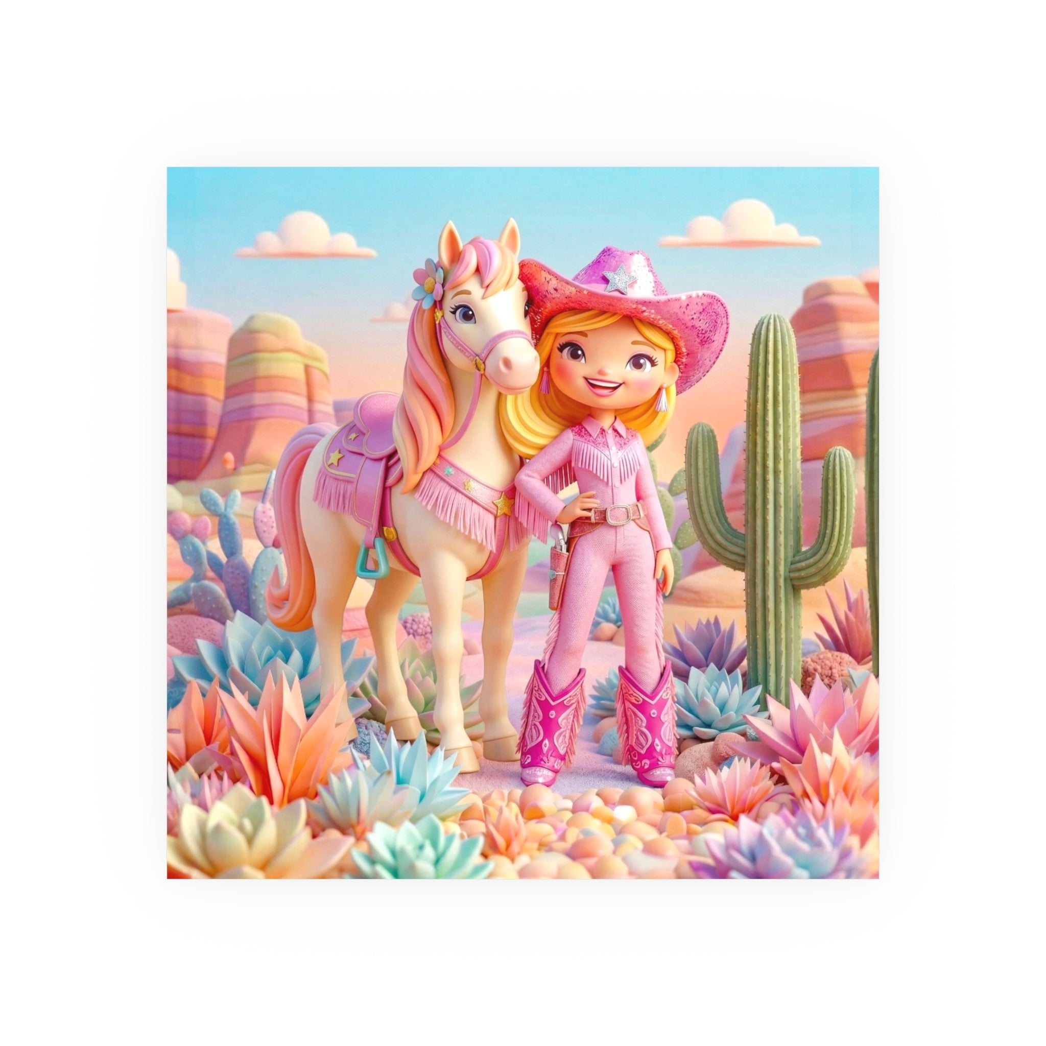 Cute Cowgirl Poster — Pink Western Girl & Pony Art Print