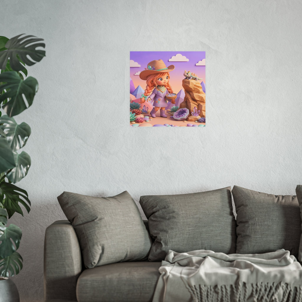 Whimsical Desert Girl & Lizard Art Poster