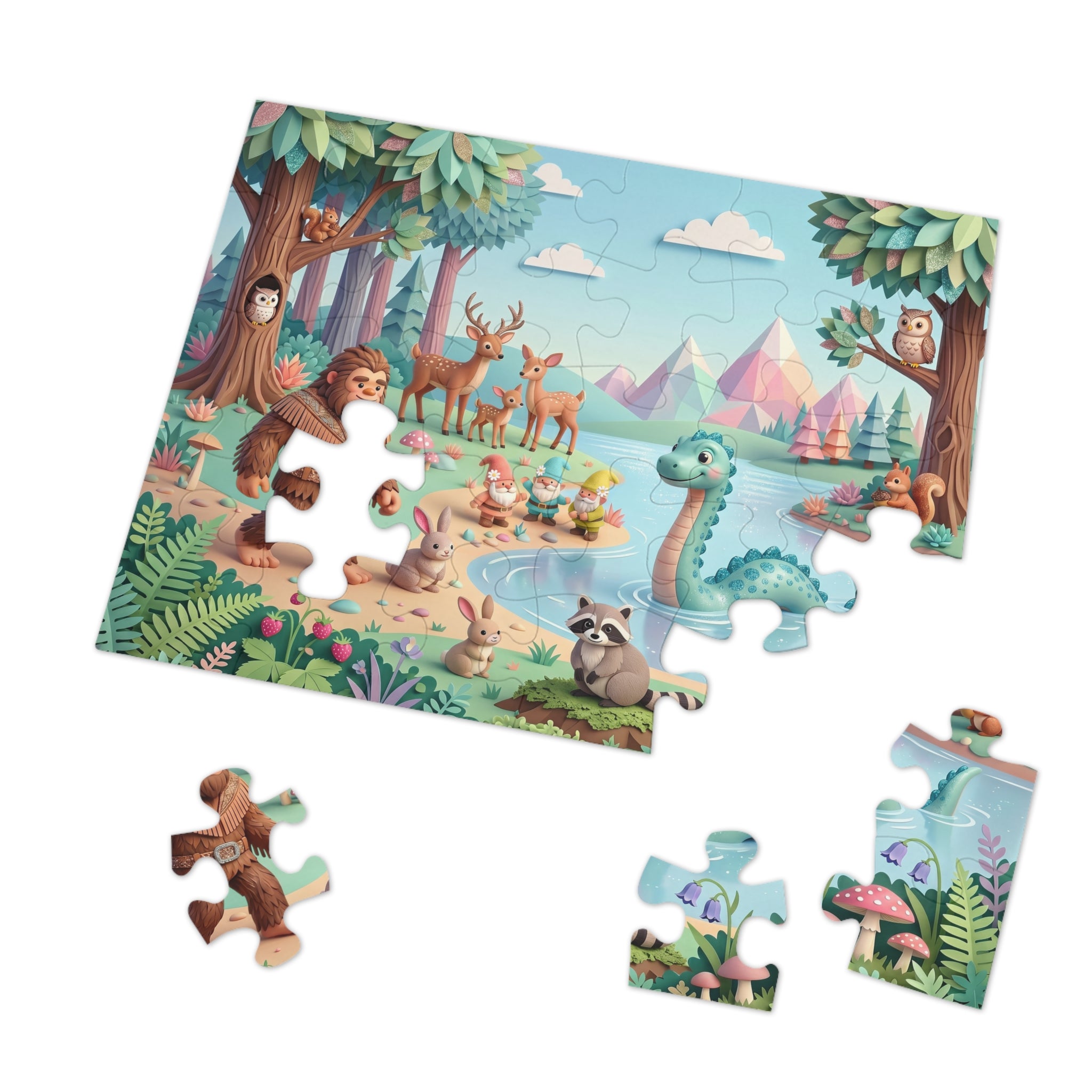 Magical Lakeside Adventure Puzzle with Tin – Cute Bigfoot & Nessie