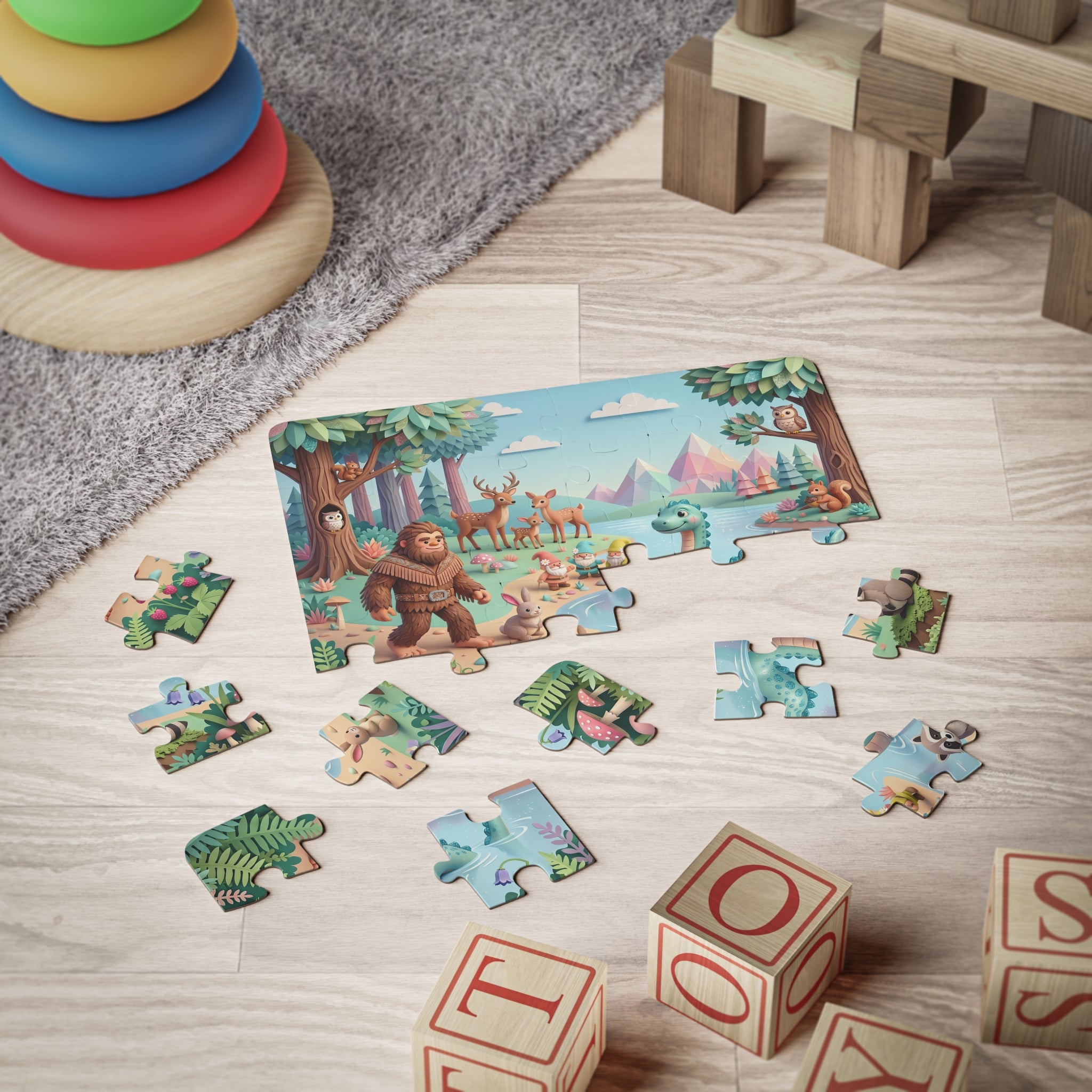 Magical Lakeside Adventure Puzzle with Cute Bigfoot & Nessie — 30-Piece Jigsaw for Toddlers