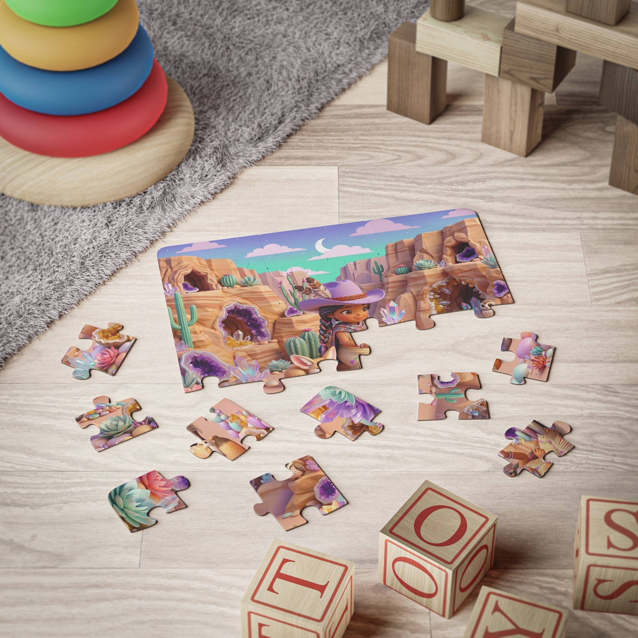 Desert Gem Explorer Kids Puzzle — 30-Piece Jigsaw with Cute Cowgirl and Crystals