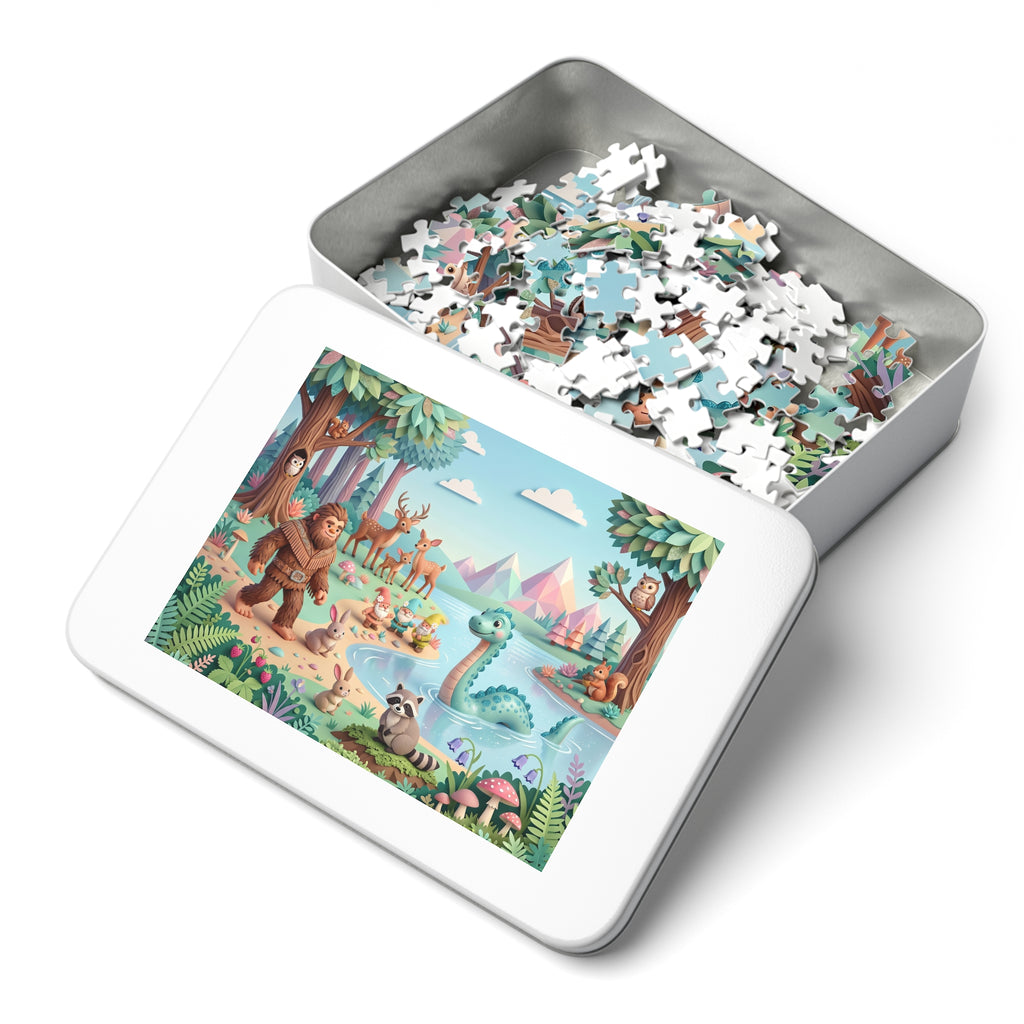 Magical Lakeside Adventure Puzzle with Tin – Cute Bigfoot & Nessie