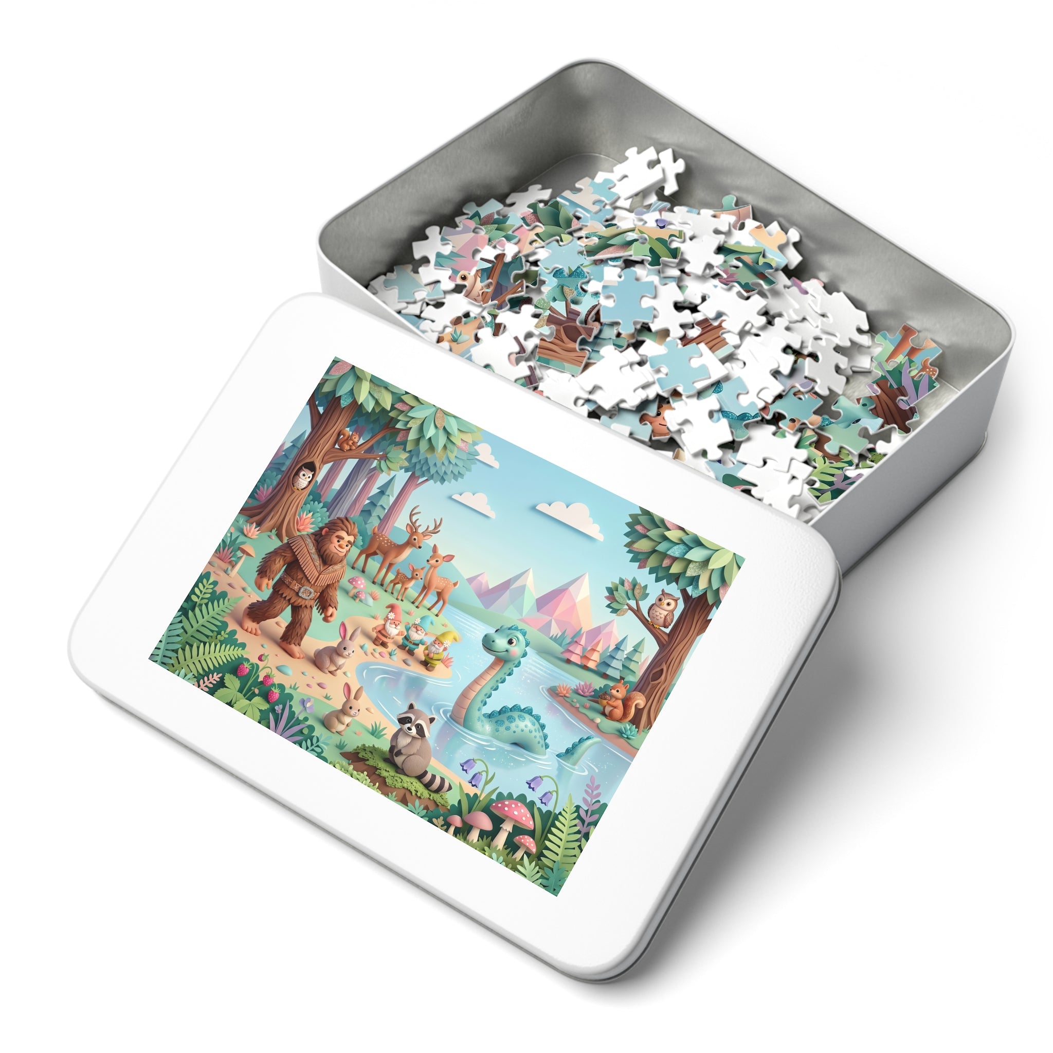 Magical Lakeside Adventure Puzzle with Tin – Cute Bigfoot & Nessie