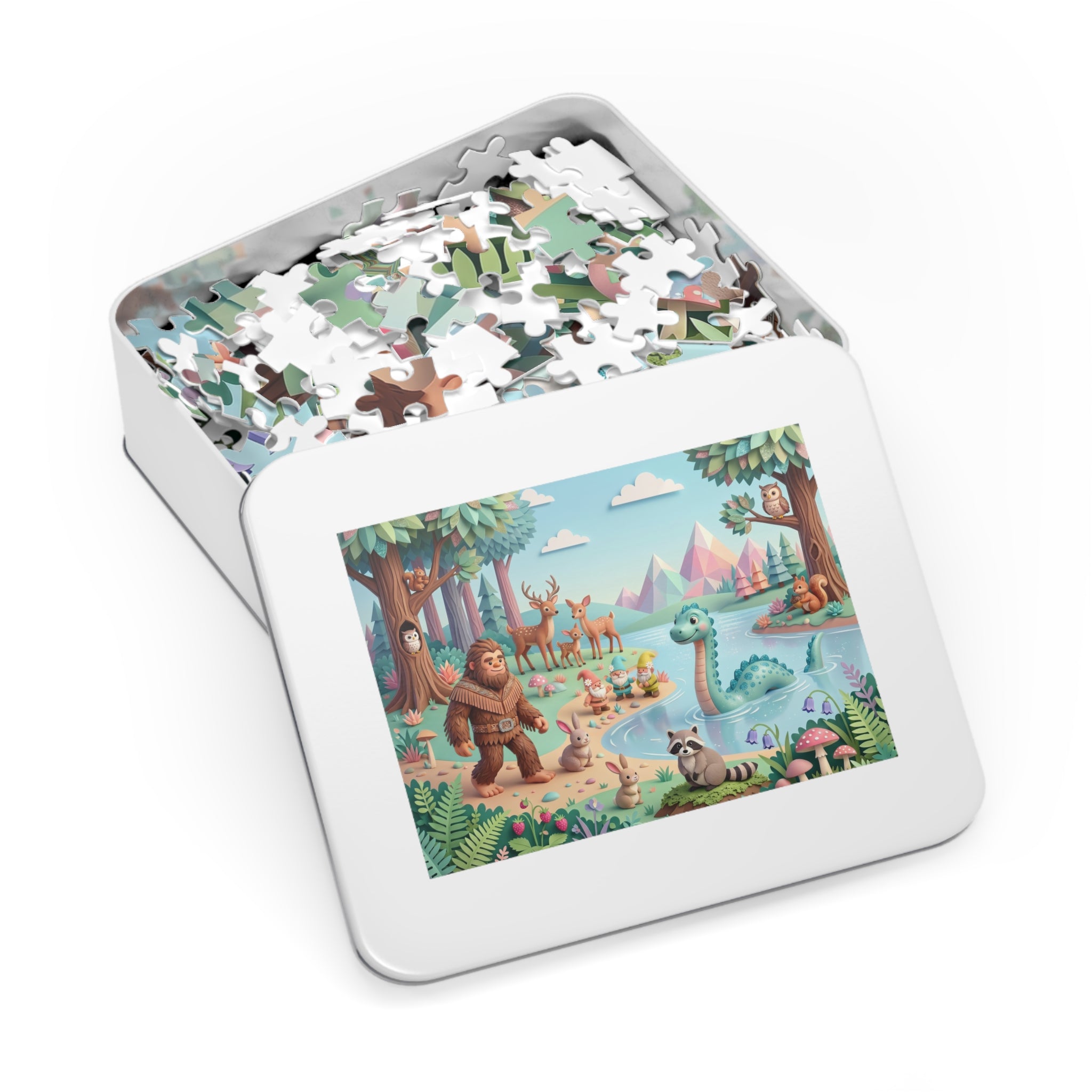 Magical Lakeside Adventure Puzzle with Tin – Cute Bigfoot & Nessie