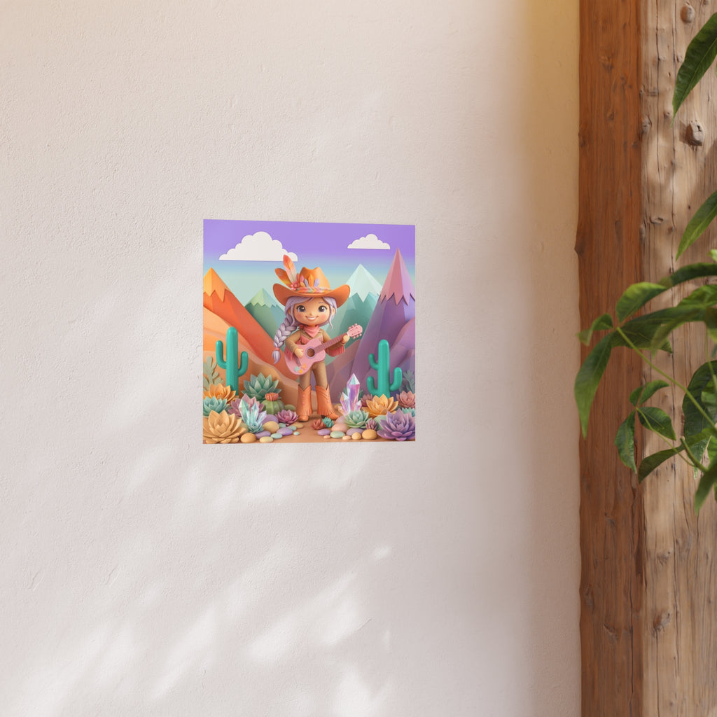 Cowgirl with Guitar Art Poster — Cute Southwestern Wall Art