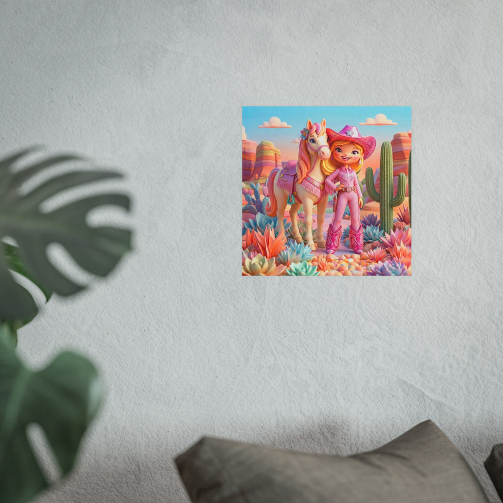 Cute Cowgirl Poster — Pink Western Girl & Pony Art Print