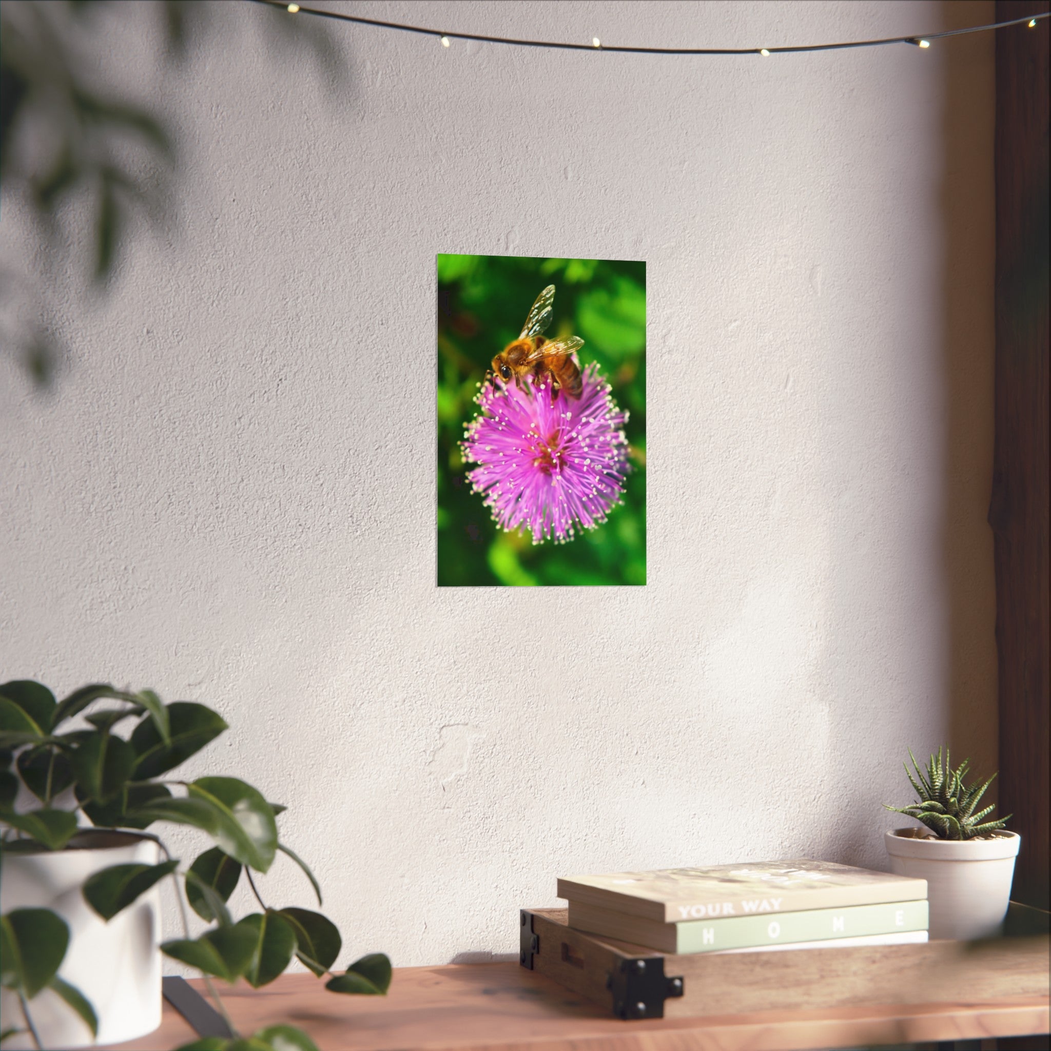 Fine Art Poster — Bee on Pink Mimosa Flower Photography Print