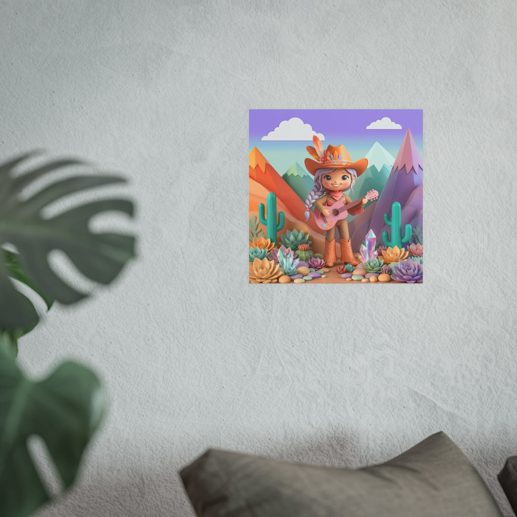 Cowgirl with Guitar Art Poster — Cute Southwestern Wall Art
