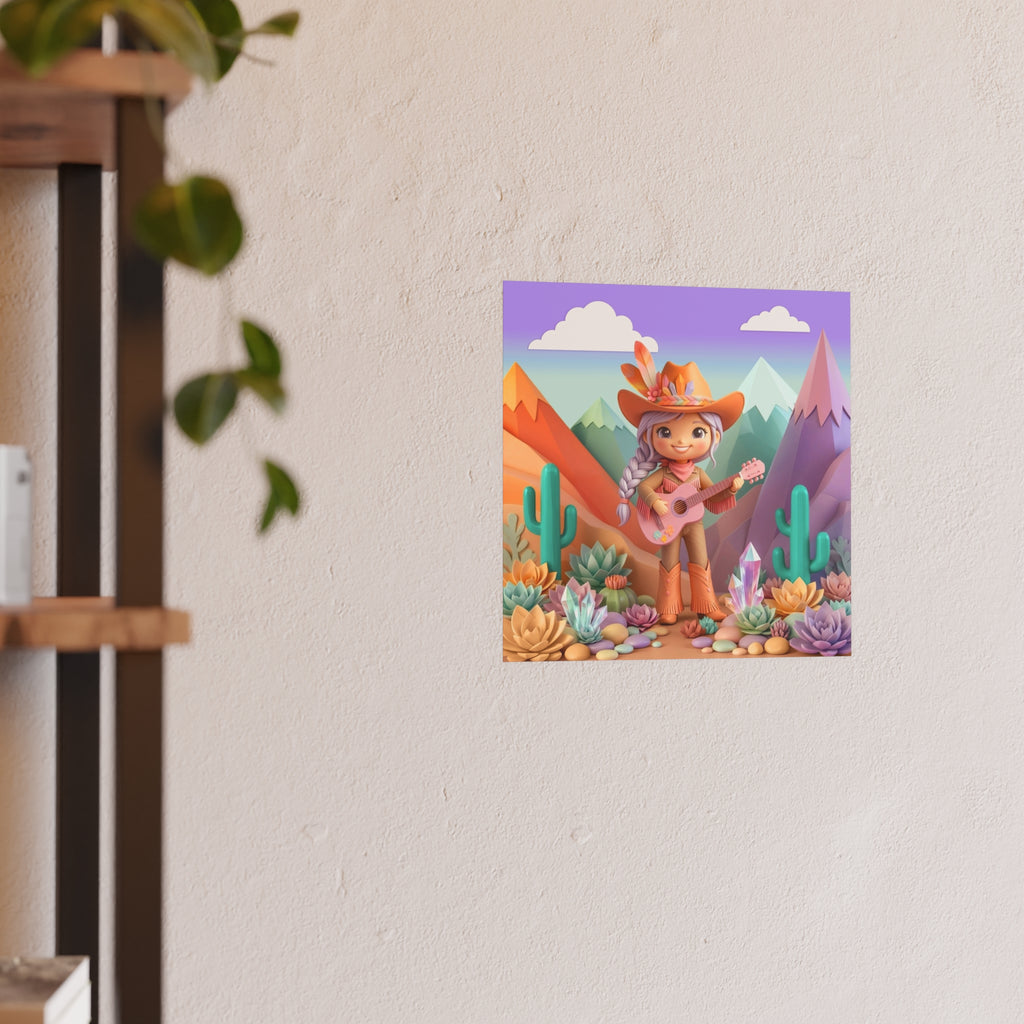 Cowgirl with Guitar Art Poster — Cute Southwestern Wall Art