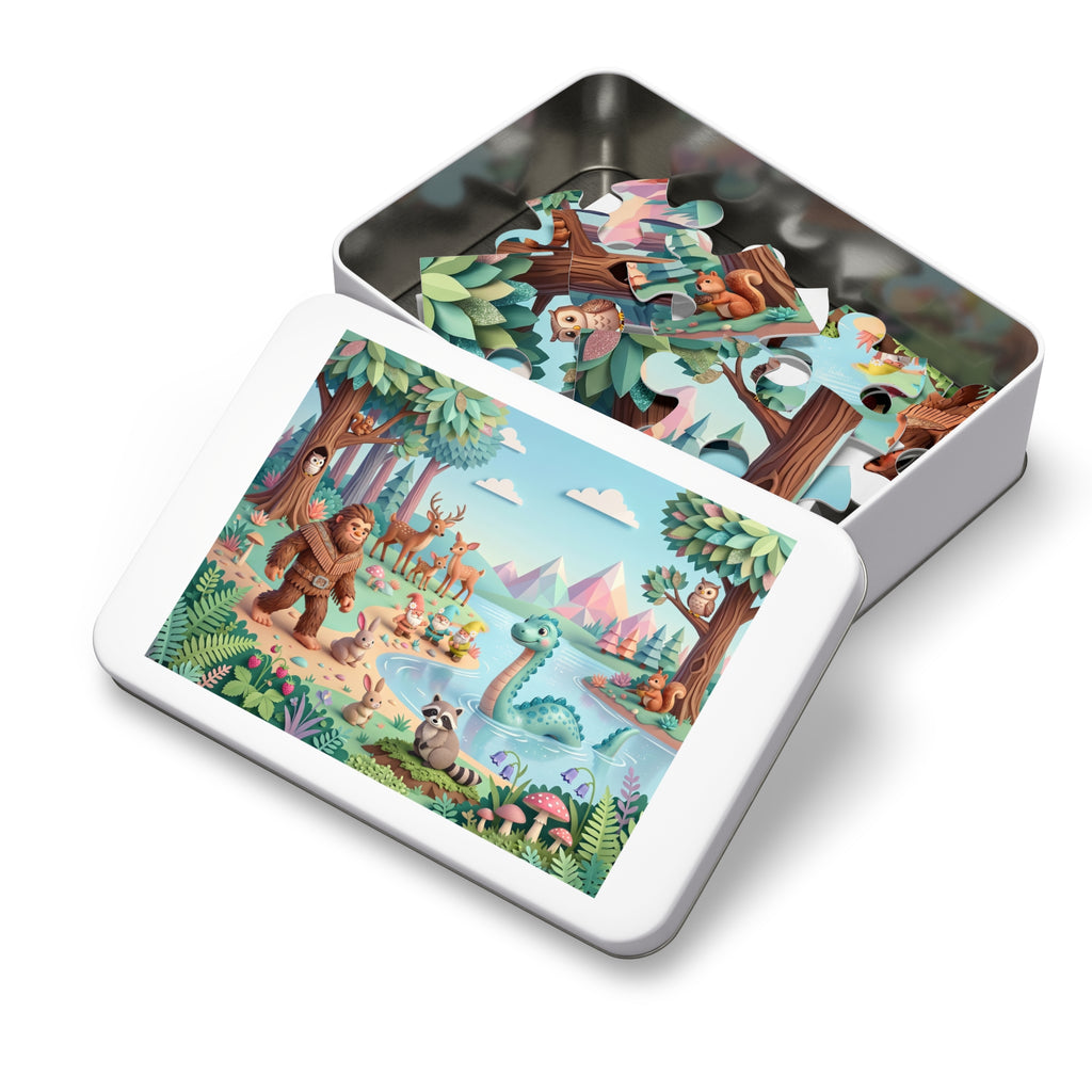 Magical Lakeside Adventure Puzzle with Tin – Cute Bigfoot & Nessie