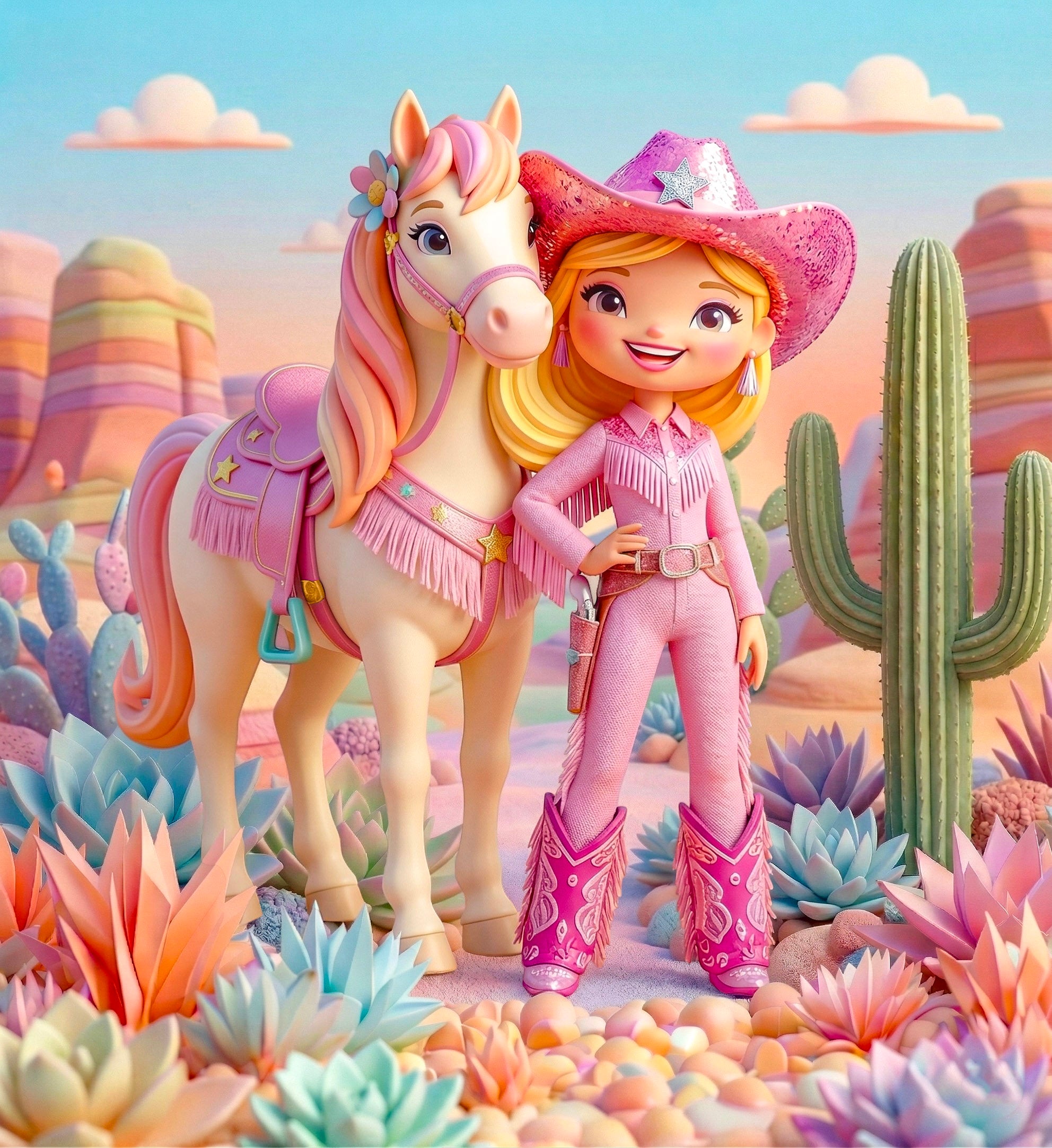Cute Cowgirl Poster — Pink Western Girl & Pony Art Print