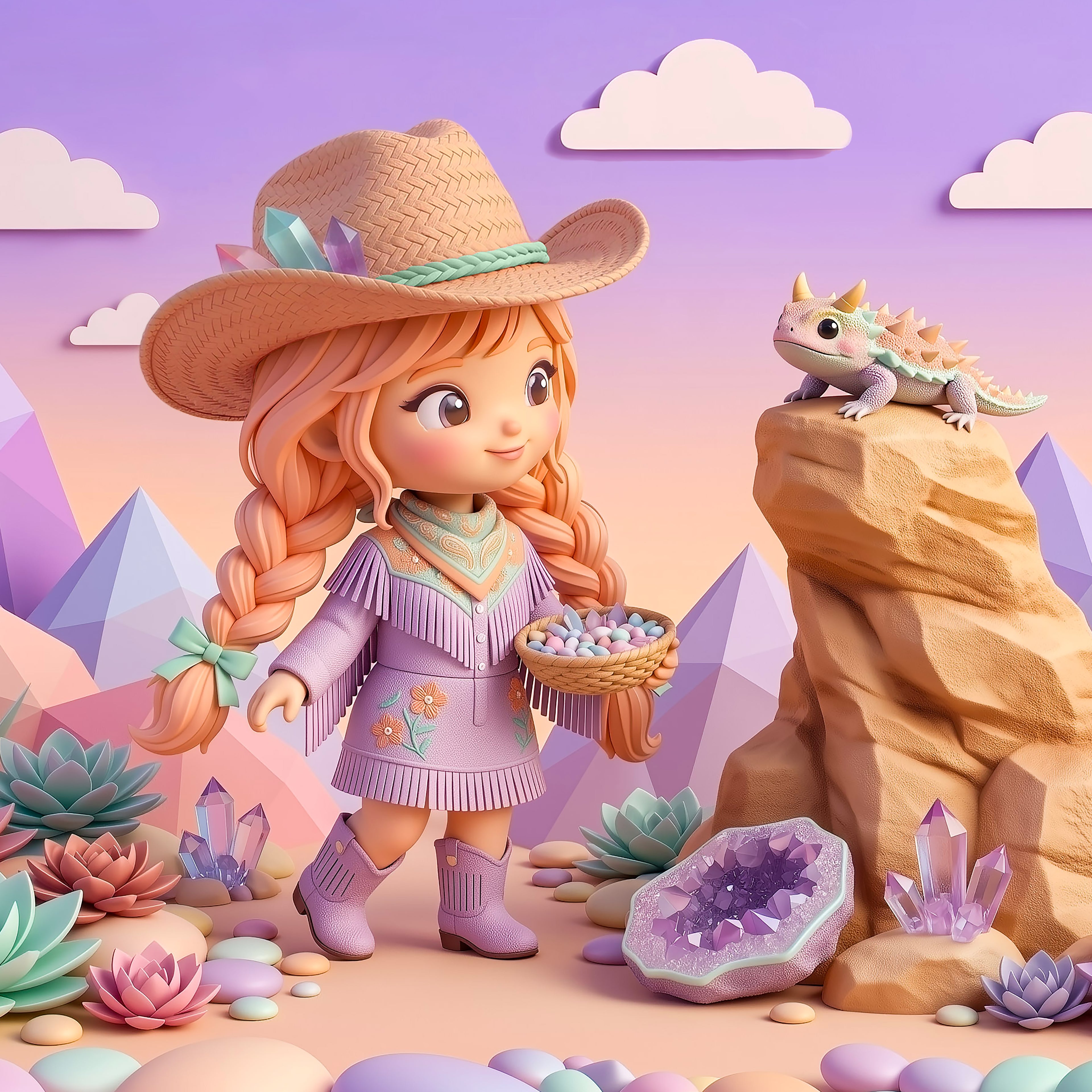 Whimsical Desert Girl & Lizard Art Poster